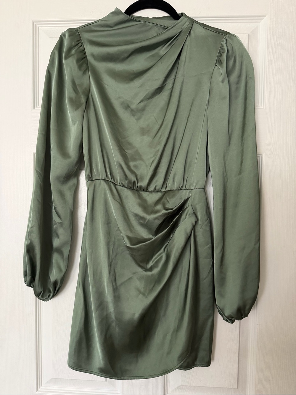 Abercrombie & Fitch Satin Draped Long-Sleeve Mini Dress in Sage Green